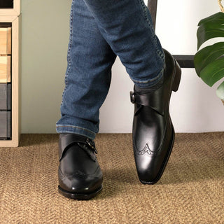 Ambrogio Handmade Men's Shoes Black Calf-Skin Leather Single Monk Strap (AMB2524)-AmbrogioShoes