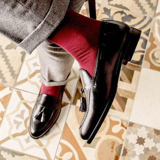 Ambrogio Handmade Men's Shoes Black Calf-Skin Leather Tassels Loafers (AMB2317)-AmbrogioShoes