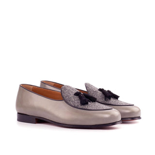 Ambrogio Handmade Men's Shoes Black & Gray Fabric / Suede / Calf-Skin Leather Belgian Loafers (AMB2564)-AmbrogioShoes