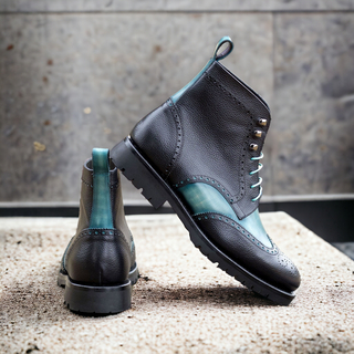 Ambrogio Handmade Men's Shoes Black & Turquoise Full Grain / Patina Leather Military Wingtip Boots (AMB2504)-AmbrogioShoes