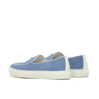 Ambrogio Handmade Men's Shoes Blue Linen Fabric Slip-On Belgian Sneakers (AMB2551)-AmbrogioShoes