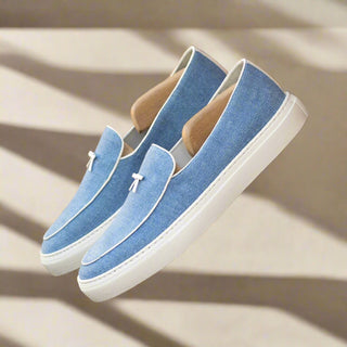 Ambrogio Handmade Men's Shoes Blue Linen Fabric Slip-On Belgian Sneakers (AMB2551)-AmbrogioShoes
