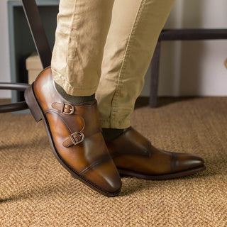 Ambrogio Handmade Men's Shoes Brown Calf-Skin Leather Double Monk-Straps Loafers (AMB2528)-AmbrogioShoes