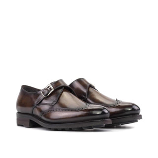 Ambrogio Handmade Men's Shoes Brown Patina Leather Single Monk Strap (AMB2527)-AmbrogioShoes