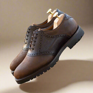 Ambrogio Handmade Men's Shoes Brown Waxed Suede / Pebble Grain Leather Saddle Oxfords (AMB2557)-AmbrogioShoes