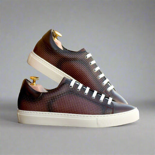 Ambrogio Handmade Men's Shoes Burgundy Calf-Skin / Woven Leather Trainer Sneakers (AMB2484)-AmbrogioShoes