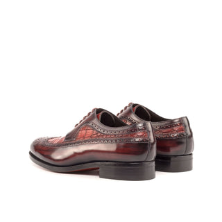 Ambrogio Handmade Men's Shoes Burgundy & Red Crocodile Print / Patina Leather Longwing Blucher Oxfords (AMB2243)-AmbrogioShoes