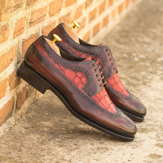 Ambrogio Handmade Men's Shoes Burgundy & Red Crocodile Print / Patina Leather Longwing Blucher Oxfords (AMB2243)-AmbrogioShoes