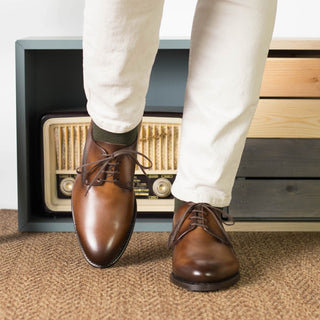 Ambrogio Handmade Men's Shoes Cognac Calf-Skin Leather Derby (AMB2465)-AmbrogioShoes