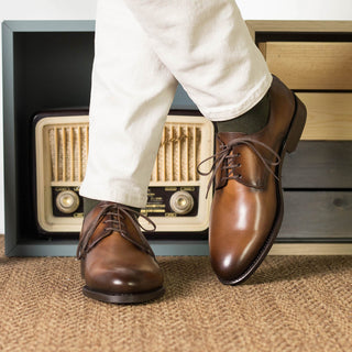 Ambrogio Handmade Men's Shoes Cognac Calf-Skin Leather Derby (AMB2465)-AmbrogioShoes