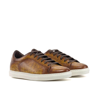 Ambrogio Handmade Men's Shoes Cognac Patina Leather Trainer Sneakers (AMB2437)-AmbrogioShoes