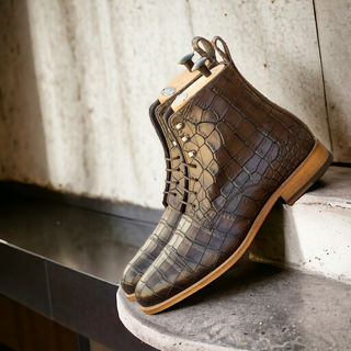 Ambrogio Handmade Men's Shoes Dark Brown Crocodile Print Jumper Boots (AMB2515)-AmbrogioShoes