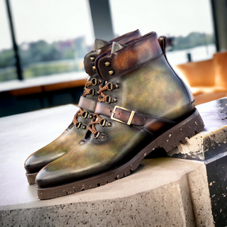 Ambrogio Handmade Men's Shoes Fire & Green Patina Leather Hiking Boots (AMB2514)-AmbrogioShoes