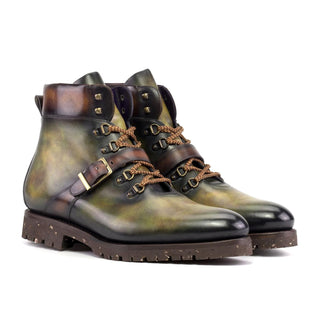 Ambrogio Handmade Men's Shoes Fire & Green Patina Leather Hiking Boots (AMB2514)-AmbrogioShoes
