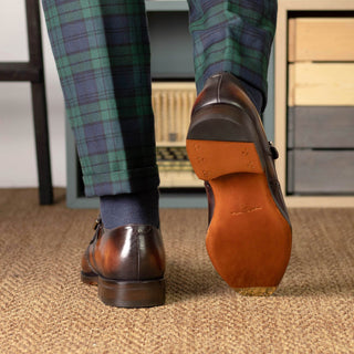 Ambrogio Handmade Men's Shoes Fire Patina Leather Monk Strap (AMB2459)-AmbrogioShoes