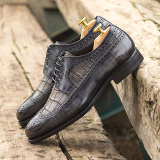 Ambrogio Handmade Men's Shoes Gray Crocodile Print / Patina Leather Longwing Blucher Oxfords (AMB2244)-AmbrogioShoes
