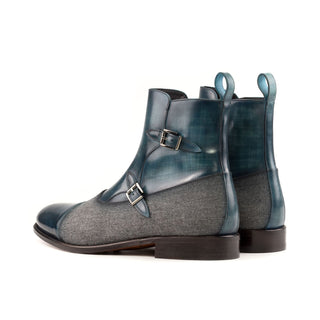 Ambrogio Handmade Men's Shoes Gray & Turquoise Flannel Fabric / Patina Leather Octavian Boots (AMB2433)-AmbrogioShoes