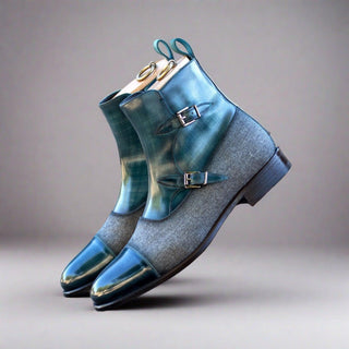 Ambrogio Handmade Men's Shoes Gray & Turquoise Flannel Fabric / Patina Leather Octavian Boots (AMB2433)-AmbrogioShoes