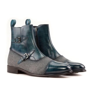 Ambrogio Handmade Men's Shoes Gray & Turquoise Flannel Fabric / Patina Leather Octavian Boots (AMB2433)-AmbrogioShoes