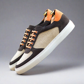 Ambrogio Handmade Men's Shoes Ice, Gray & Orange Linen / Suede Leather Low Top Trainer Sneakers (AMB2532)-AmbrogioShoes
