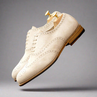 Ambrogio Handmade Men's Shoes Ivory Suede Leather Wingtip Oxfords (AMB2431)-AmbrogioShoes