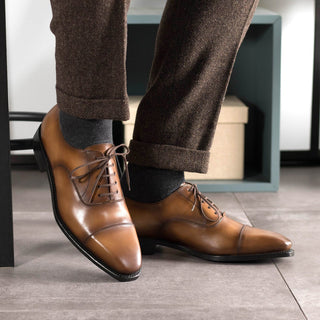 Ambrogio Handmade Men's Shoes Medium Brown Calf-Skin Leather Cap-Toe Oxfords (AMB2473)-AmbrogioShoes