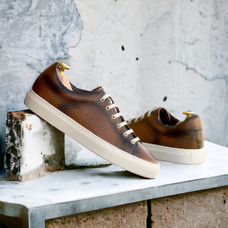 Ambrogio Handmade Men's Shoes Medium Brown Calf-Skin / Woven Leather Trainer Sneakers (AMB2480)-AmbrogioShoes