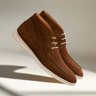 Ambrogio Handmade Men's Shoes Medium Brown Suede Leather Moccasin Flex Boots (AMB2559)-AmbrogioShoes