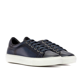 Ambrogio Handmade Men's Shoes Navy Calf-Skin / Woven Leather Trainer Sneakers (AMB2479)-AmbrogioShoes