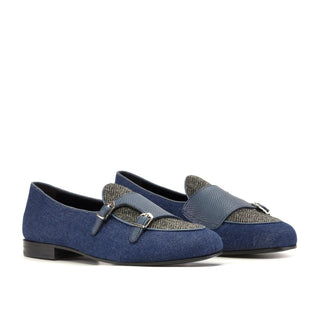 Ambrogio Handmade Men's Shoes Navy Multi Fabric / Leather Double Monk Strap (AMB2555)-AmbrogioShoes