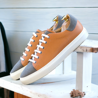 Ambrogio Handmade Men's Shoes Orange & Gray Linen / Woven Leather Trainer Sneakers (AMB2468)-AmbrogioShoes