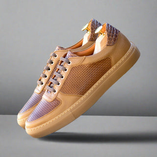 Ambrogio Handmade Men's Shoes Two Tone Brown Crocodile Print / Woven and Pebbled Leather Trainer Sneakers (AMB2521)-AmbrogioShoes