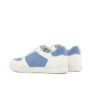 Ambrogio Handmade Men's Shoes White & Blue Linen / Calf-Skin Leather Trainer Sneakers (AMB2474)-AmbrogioShoes