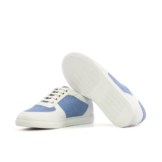 Ambrogio Handmade Men's Shoes White & Blue Linen / Calf-Skin Leather Trainer Sneakers (AMB2474)-AmbrogioShoes
