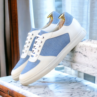 Ambrogio Handmade Men's Shoes White & Blue Linen / Calf-Skin Leather Trainer Sneakers (AMB2474)-AmbrogioShoes
