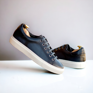 Ambrogio Handmade Navy Calf-Skin / Woven Leather Trainer Sneakers (AMB2479)-AmbrogioShoes