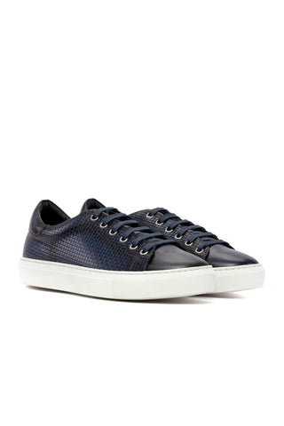 Ambrogio Handmade Navy Calf-Skin / Woven Leather Trainer Sneakers (AMB2479)-AmbrogioShoes