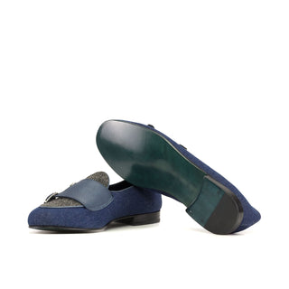 Ambrogio Handmade Navy Multi Fabric / Leather Double Monk Strap (AMB2555)-AmbrogioShoes