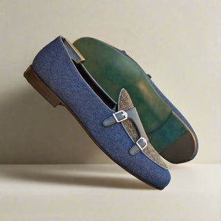 Ambrogio Handmade Navy Multi Fabric / Leather Double Monk Strap (AMB2555)-AmbrogioShoes