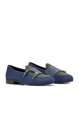 Ambrogio Handmade Navy Multi Fabric / Leather Double Monk Strap (AMB2555)-AmbrogioShoes