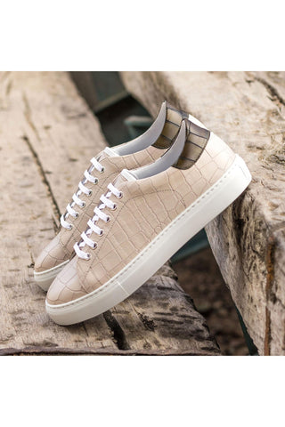 Ambrogio Handmade Nude & Olive Crocodile Embossed Leather Low-Top Sneakers (AMB2381)-AmbrogioShoes