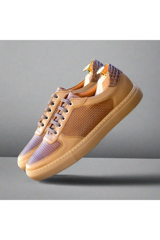 Ambrogio Handmade Two Tone Brown Crocodile Embossed / Woven and Pebbled Leather Trainer Sneakers (AMB2521)-AmbrogioShoes