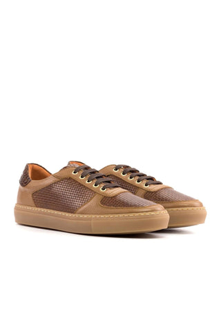 Ambrogio Handmade Two Tone Brown Crocodile Print / Woven and Pebbled Leather Trainer Sneakers (AMB2521)-AmbrogioShoes