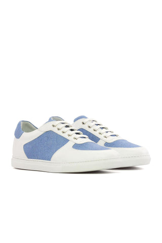 Ambrogio Handmade White & Blue Linen / Calf-Skin Leather Trainer Sneakers (AMB2474)-AmbrogioShoes
