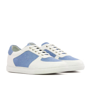 Ambrogio Handmade White & Blue Linen / Calf-Skin Leather Trainer Sneakers (AMB2474)-AmbrogioShoes