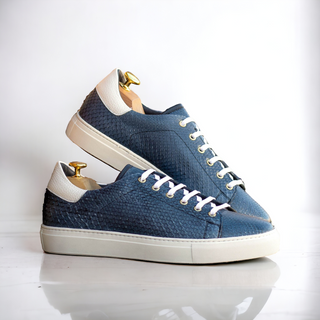 Ambrogio Handmade White & Navy Exotic Python Trainer Sneakers (AMB2483)-AmbrogioShoes