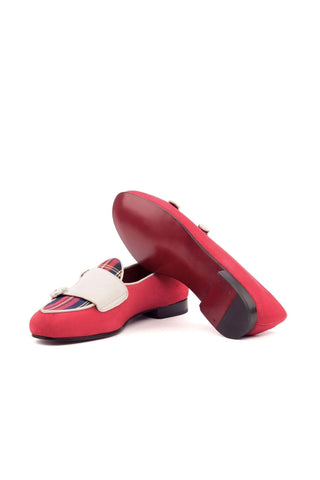 Ambrogio Ivory & Red Suede Monk Slipper Loafers (AMB1264)-AmbrogioShoes