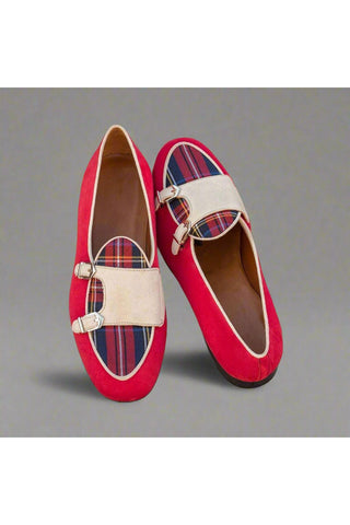 Ambrogio Ivory & Red Suede Monk Slipper Loafers (AMB1264)-AmbrogioShoes