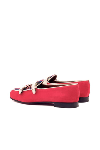 Ambrogio Ivory & Red Suede Monk Slipper Loafers (AMB1264)