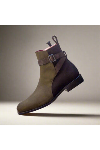 Ambrogio Khaki & Brown Suede / Pebble Grain Leather Jodhpur Boots (AMB1453)-AmbrogioShoes